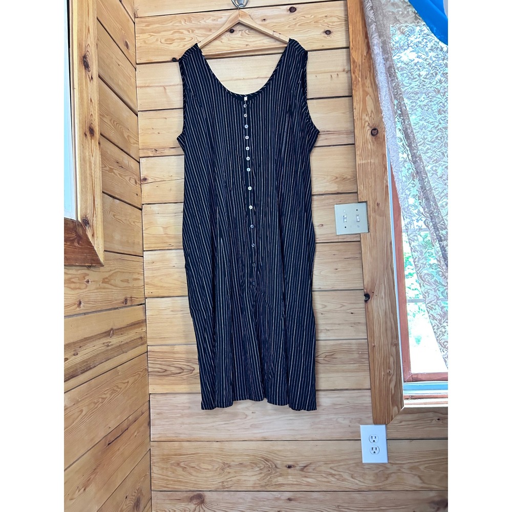 Sleeveless Black Pinstripe Midi Dress with Front Buttons